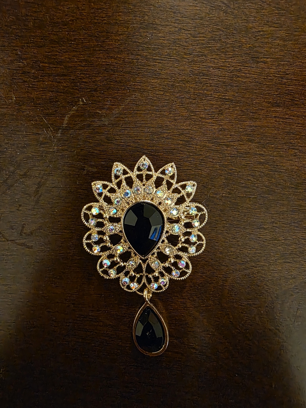 Gold Filigree Brooch with Black Teardrop Stone - Women Jewelry